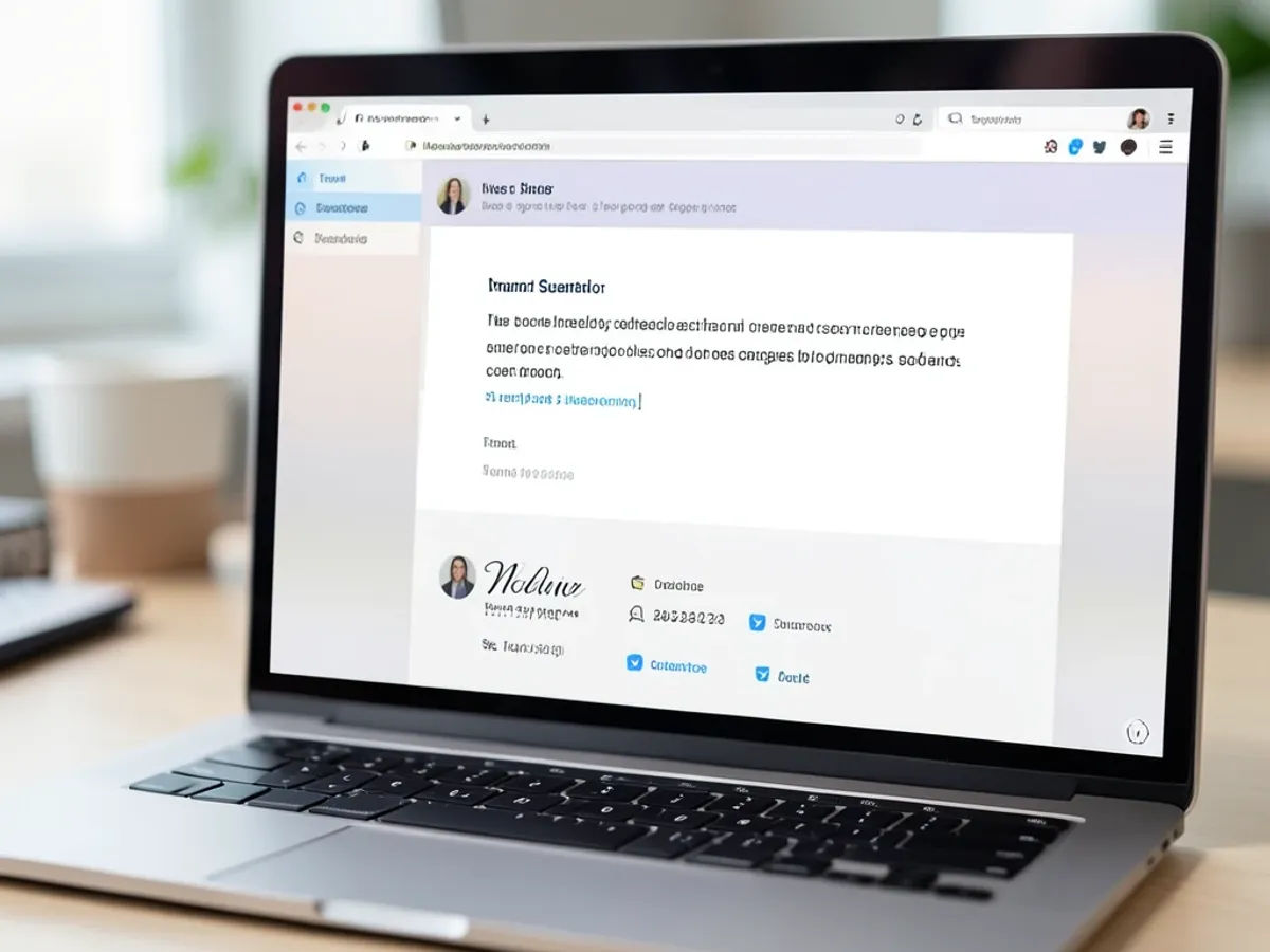 Email signature generator interface showing a formatted email footer with name, job title, phone number, and social media links arranged in a clean layout