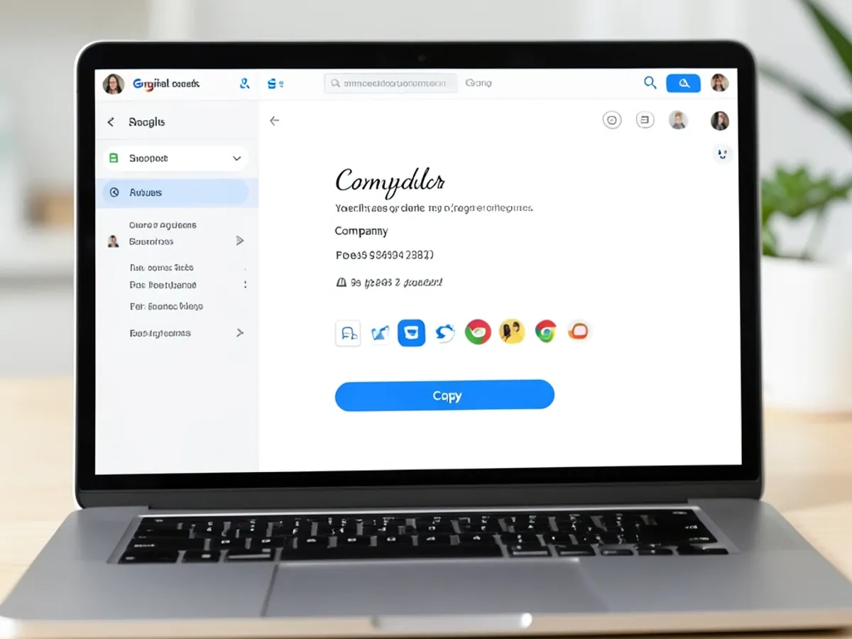 Gmail signature generator interface displaying a formatted signature block with name, job title, company, phone number, and social media icons arranged in a clean horizontal layout ready to paste into Gmail settings