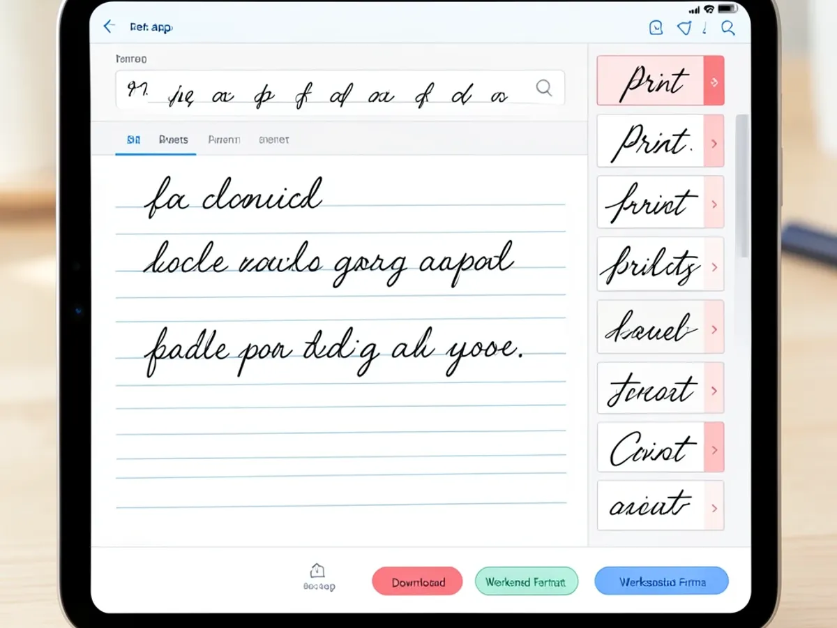 Handwriting generator interface showing a typed text input field above the same words rendered as natural flowing cursive handwriting on lined practice paper, with a vertical style picker column of print and cursive style variations along the side