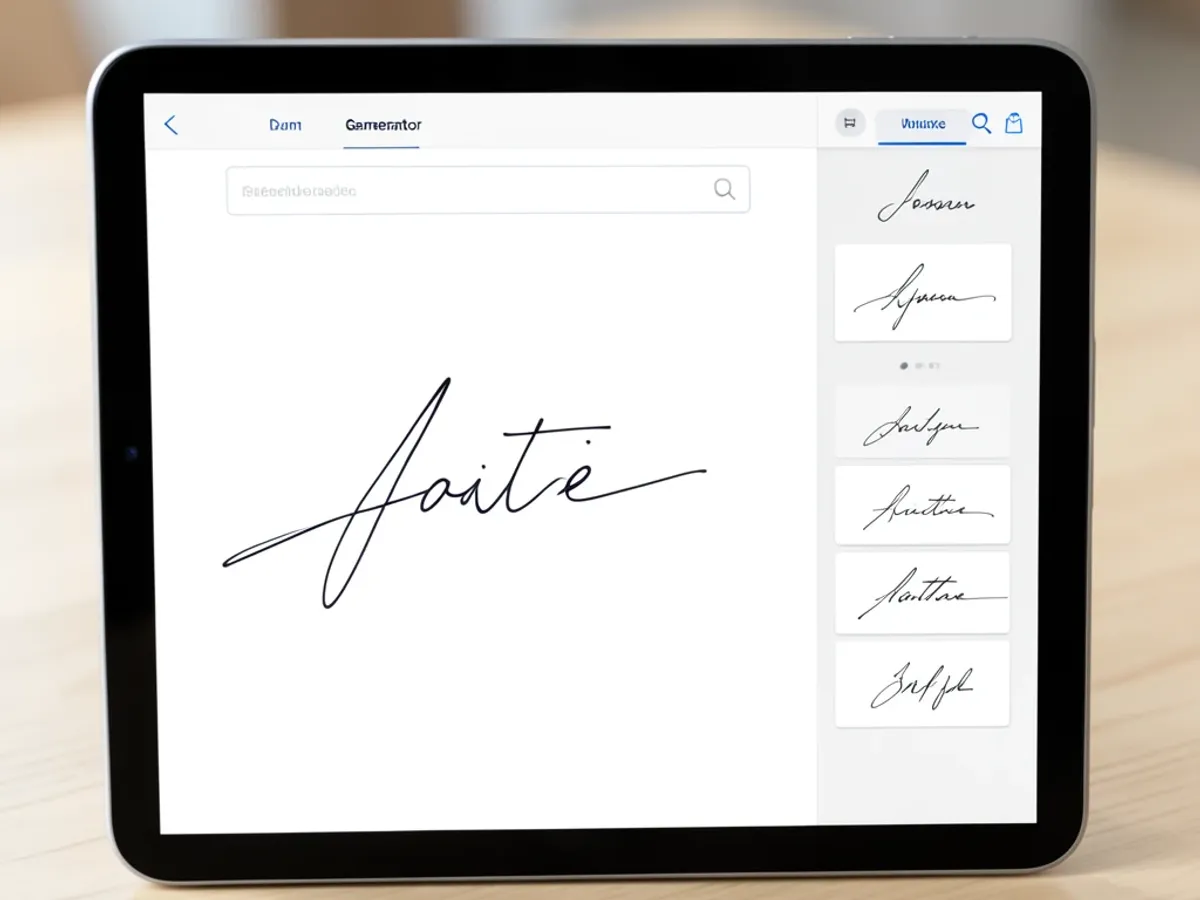 Handwritten signature generator interface showing a typed name input field above a smooth flowing cursive signature preview rendered on a clean white canvas with a row of style thumbnails along the side