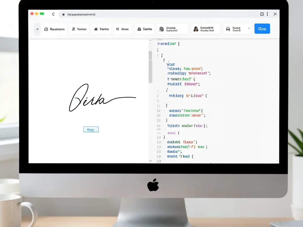 HTML signature generator interface showing a split-screen view with a visual signature preview on the left and clean responsive HTML code output with syntax highlighting on the right