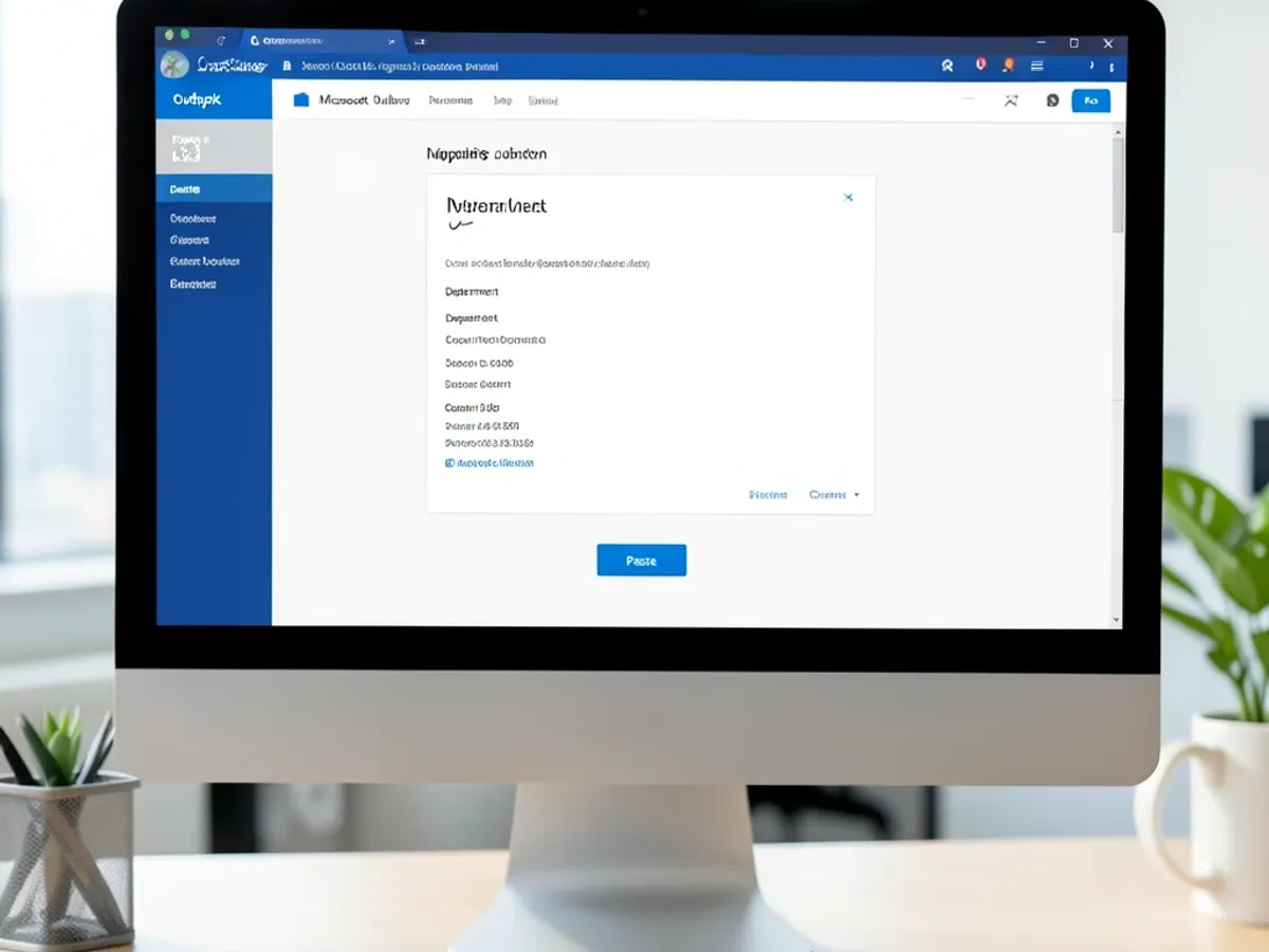 Outlook signature generator interface showing a formatted signature block with name, job title, department, and contact details aligned for Microsoft Outlook's signature panel with a clean blue-accented layout