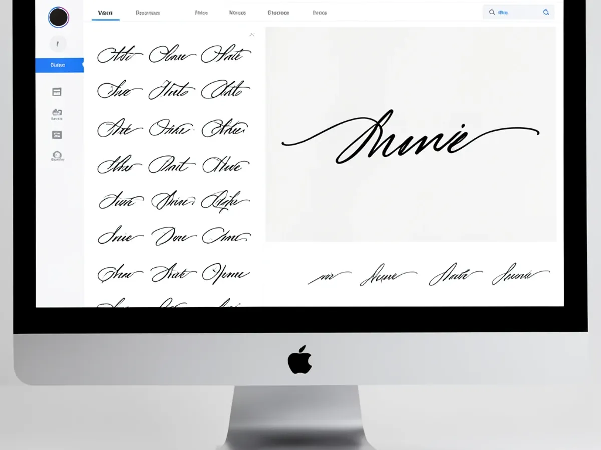 Cursive signature generator interface showing a grid of flowing connected-letter cursive style presets alongside a large live preview of a typed name rendered in an elegant cursive script
