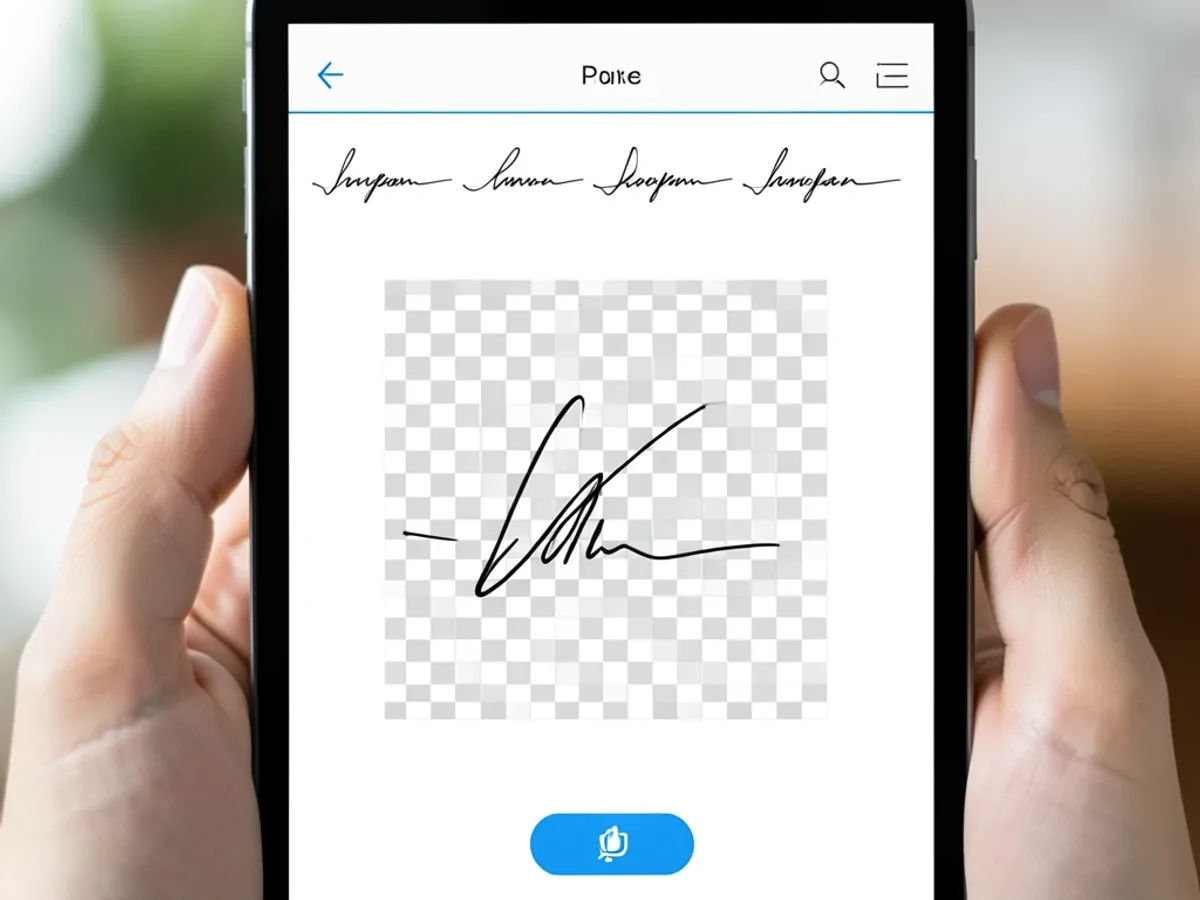 Signature PNG maker interface showing a transparent-background signature image preview rendered against a checkerboard transparency canvas with a style picker row and a PNG download button