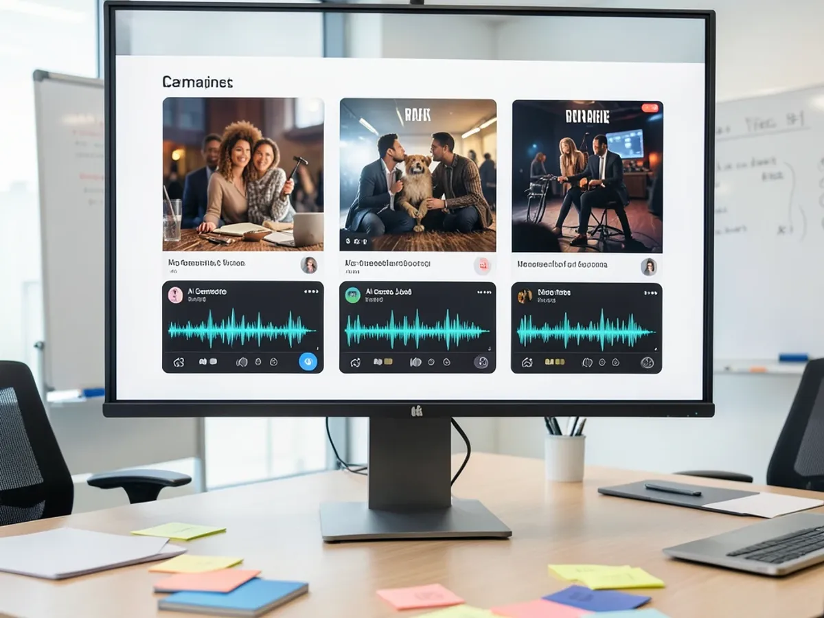 Storyboard ta' kampanja ta' reklamar b'player awdjo mehmuż li juri tliet varjazzjonijiet ta' jingle iġġenerati bl-AI, kull waħda ttikkettjata b'stil ta' vuċi u ġeneru differenti