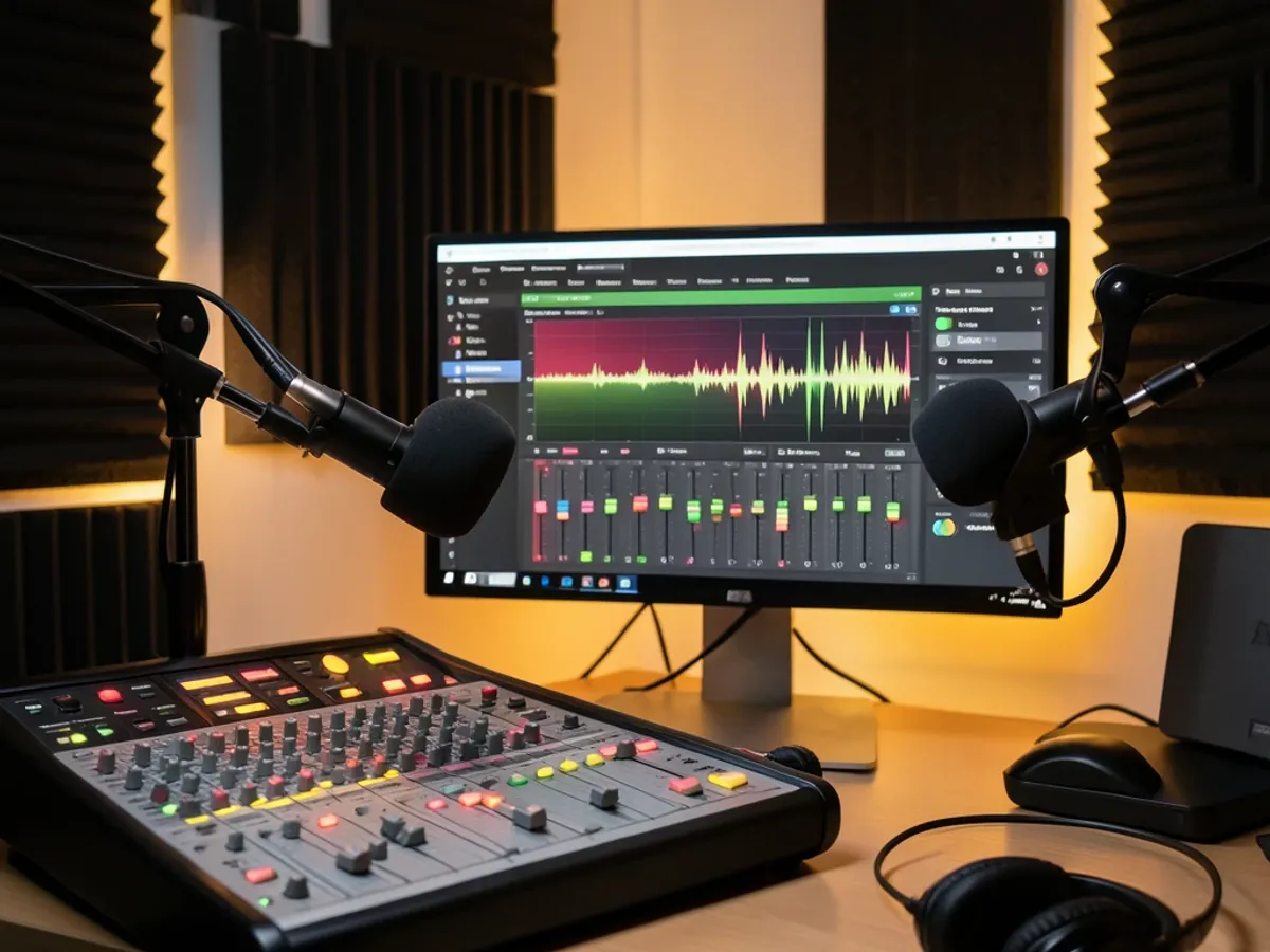 Interface ta' reġistrazzjoni ta' podcast b'binarju ta' introduzzjoni tal-kant iġġenerat bl-AI personalizzat muri fil-mixer awdjo flimkien ma' kanali tal-mikrofonu tal-ospitanti