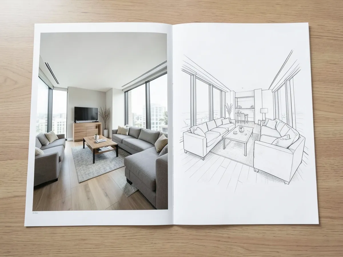 An architectural presentation board showing a photograph of a modern living room alongside its AI-generated pencil sketch version with clean structural lines and shading on furniture and windows