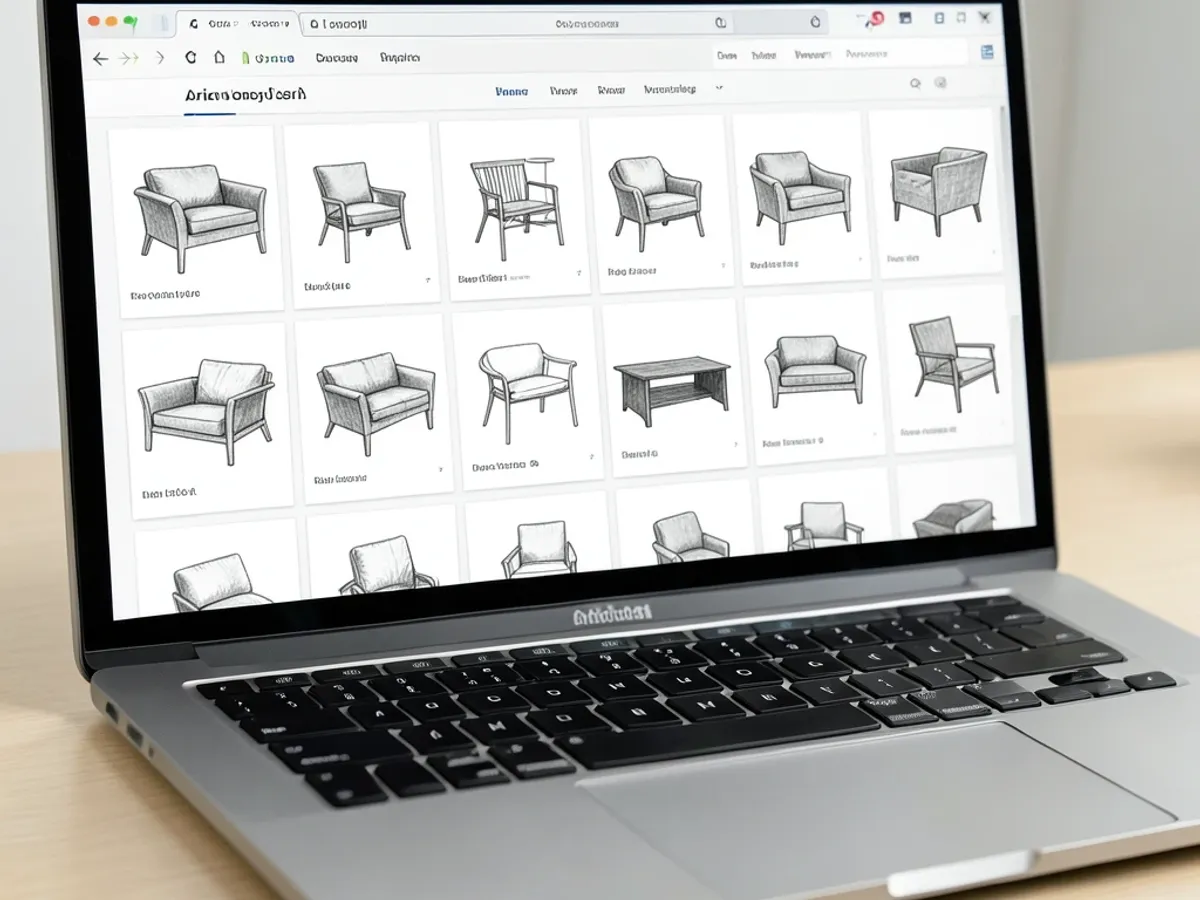 An e-commerce product grid showing furniture items rendered as charcoal sketches, with consistent stroke style across all products creating a unified artisanal catalog aesthetic