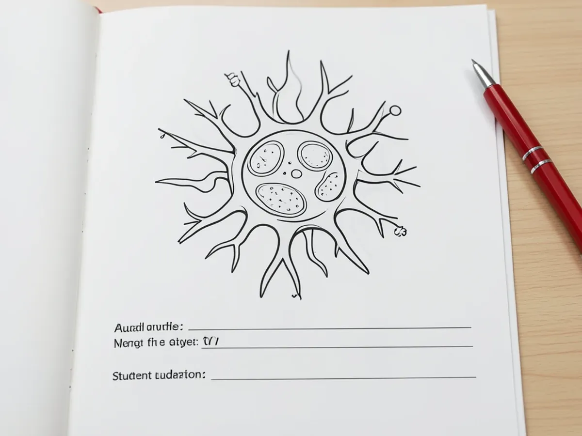 A classroom worksheet showing an AI-generated ink outline of a plant cell that students can label, with clean lines defining each organelle ready for educational annotation