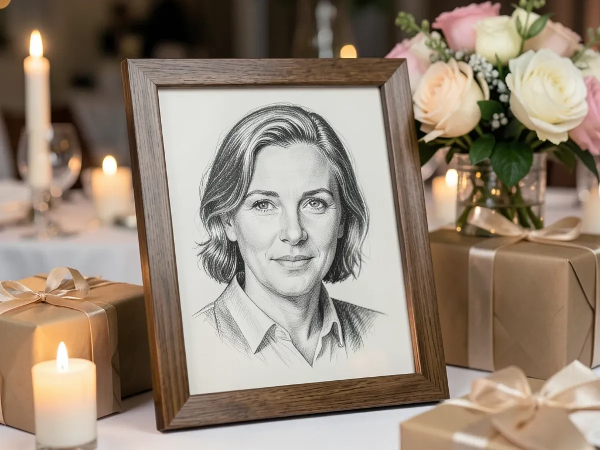 A framed pencil sketch portrait on a gift table, converted from a color photograph, showing fine line detail in the facial features and hair suitable for a wedding or anniversary present