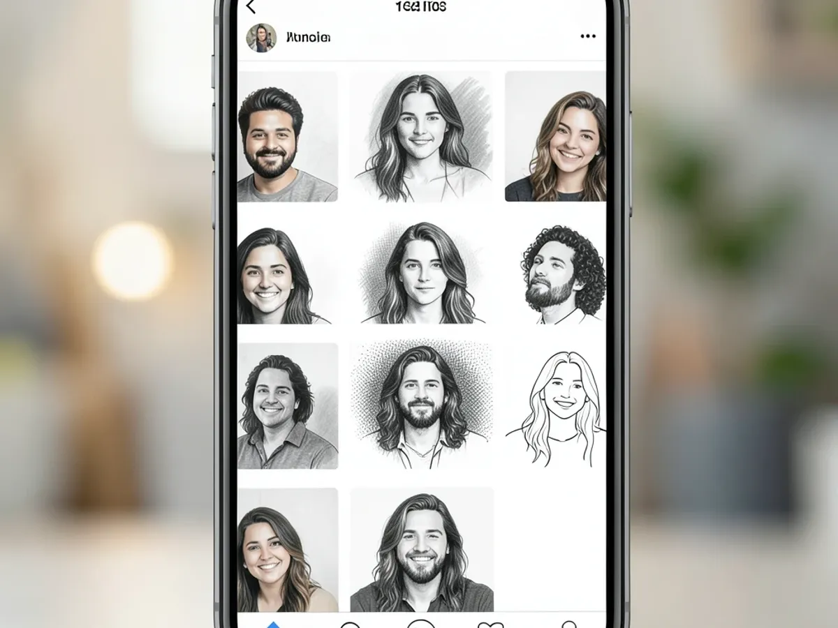 A grid of social media profile pictures showing the same person in six different sketch styles — pencil, charcoal, ink, cross-hatch, stipple, and minimalist line — demonstrating variety for profile customization