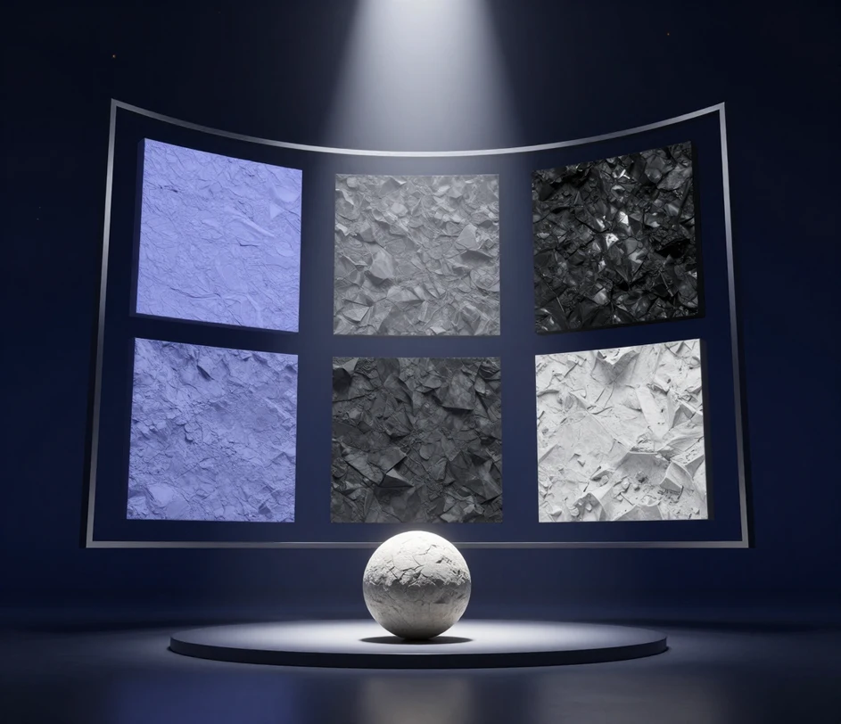 Hotová sada pěti PBR texturových map vystavená v plovoucím galerijním rámu pod jediným reflektorem, s dvěma menšími materiálovými koulemi tlumeně umístěnými po stranách