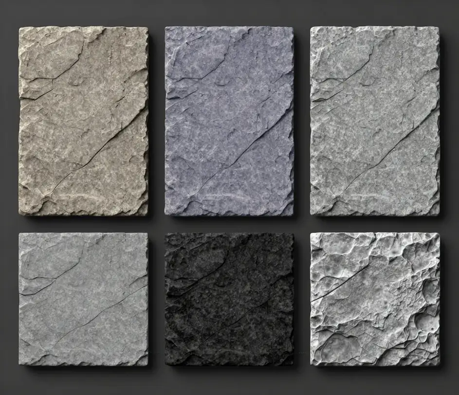 Kompletní sada pěti PBR texturových map vějířovitě rozložená z jediné výzvy – mapy basecolor, normálová, drsnost, kovovost a výška v dokonalém zarovnání kanálů