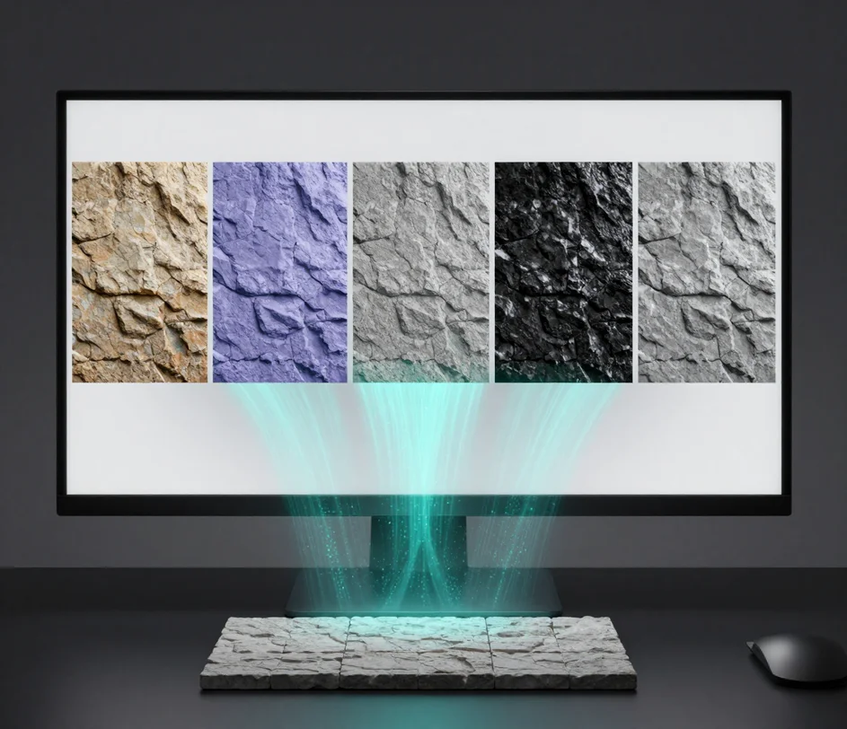 Jediná textová výzva se mění v pět zarovnaných PBR texturových map – basecolor, normálovou, drsnost, kovovost a výšku – bezešvě dlaždicovaných na 3D kamenném povrchu