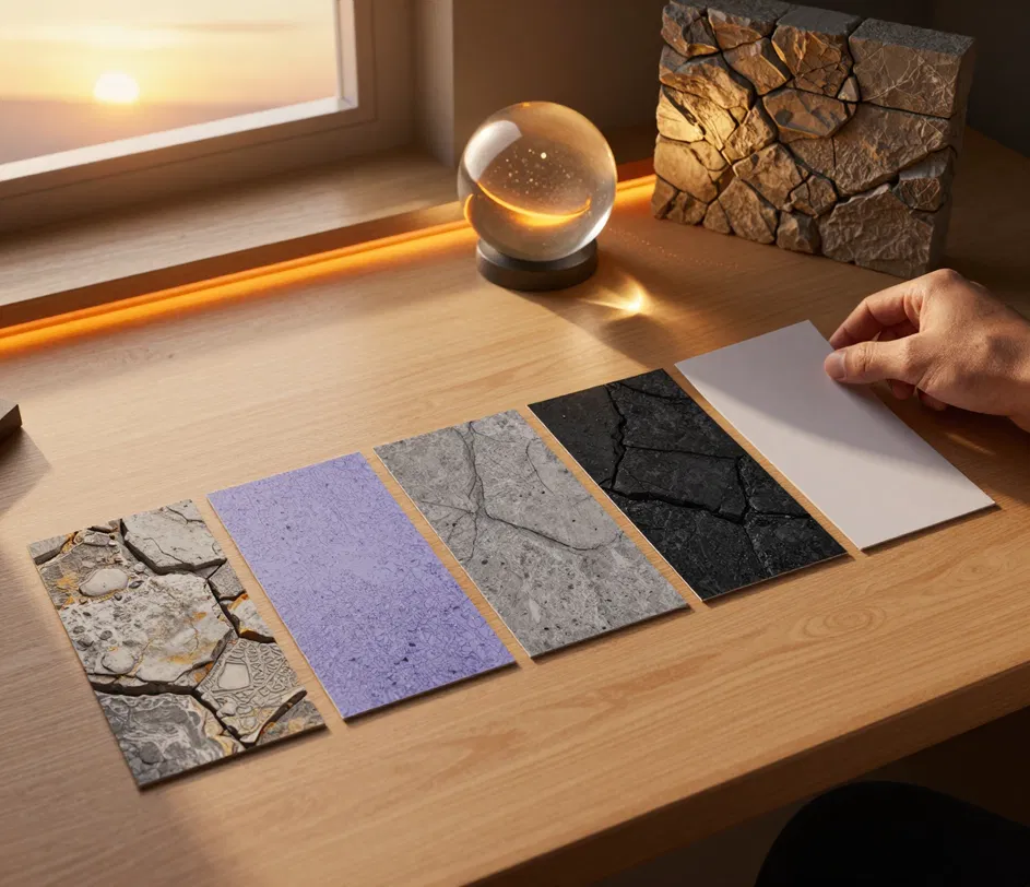 Hotová materiálová koule galerijní kvality vedle tabletu zobrazujícího tutéž sadu pěti texturových map s dokončeným ukazatelem stahování, zalitá zlatým odpoledním světlem