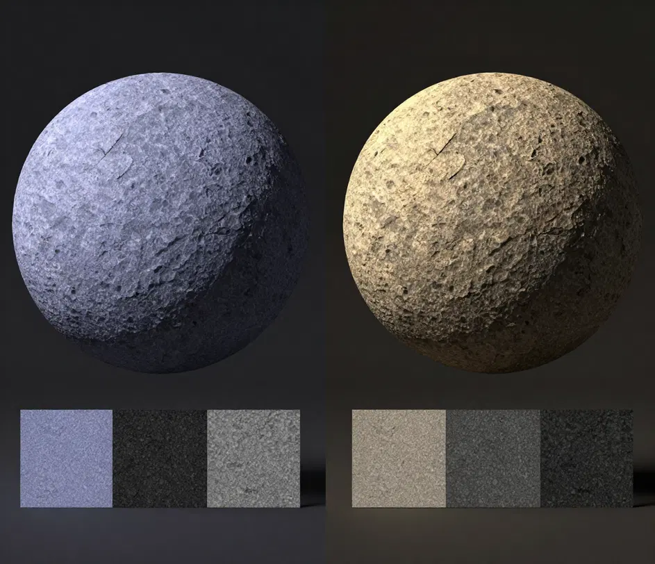 Jedna textová výzva se větví do dvou výsledných materiálů – sada pěti PBR map v 1024px vlevo a verze v 4K bezešvě zvětšená vpravo, spojené stoupajícím světelným pruhem