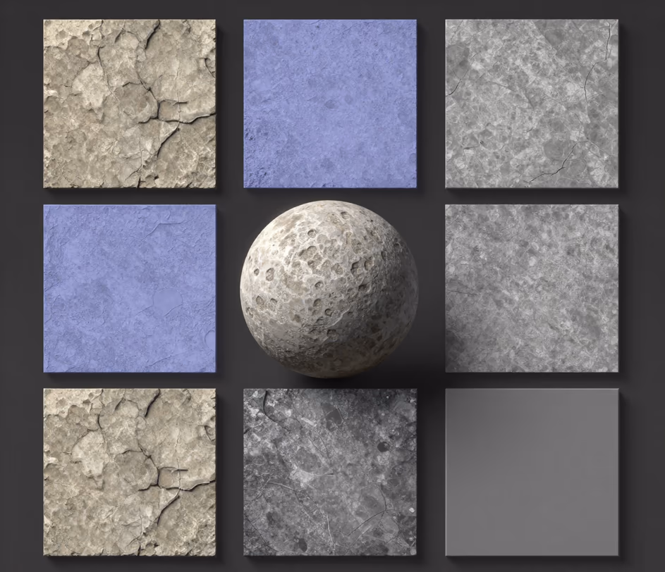 Materiál zvětralé kamenné zdi vygenerovaný z textové výzvy, zobrazený jako kompletní sada pěti PBR map v 1024px se správným oddělením kanálů