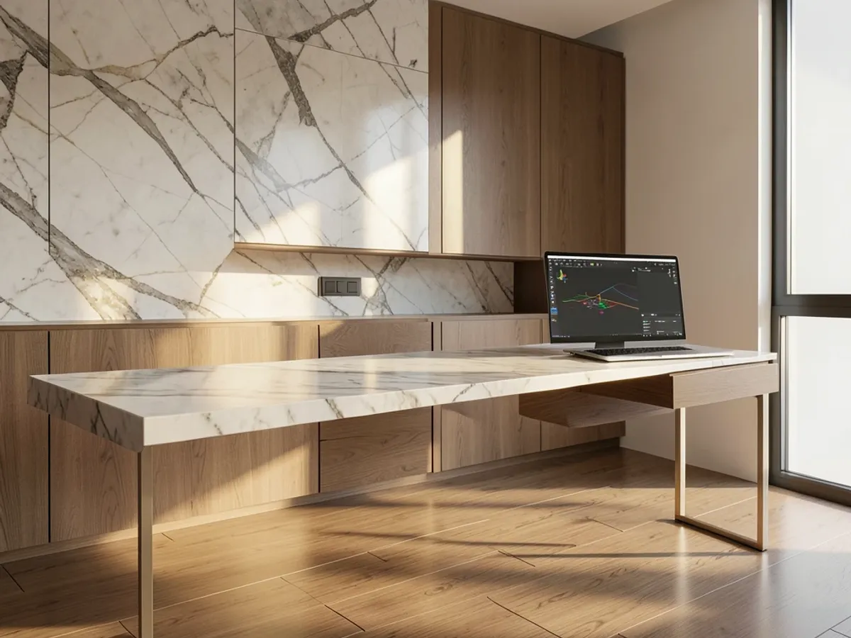 Un rendering architettonico di interni che mostra texture seamless di pavimento in legno e piano di lavoro in marmo generate dall'AI con riflessi fisicamente accurati e dettagli bump