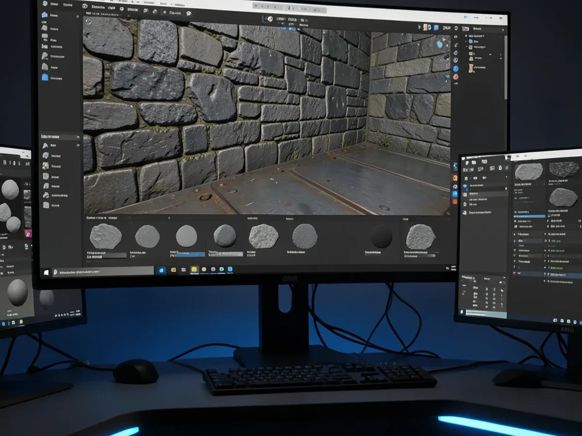Un viewport di un ambiente di gioco 3D che mostra set di texture PBR generate dall'AI su muri in pietra e superfici metalliche a risoluzione 2048 × 2048 con dettagli normali accurati