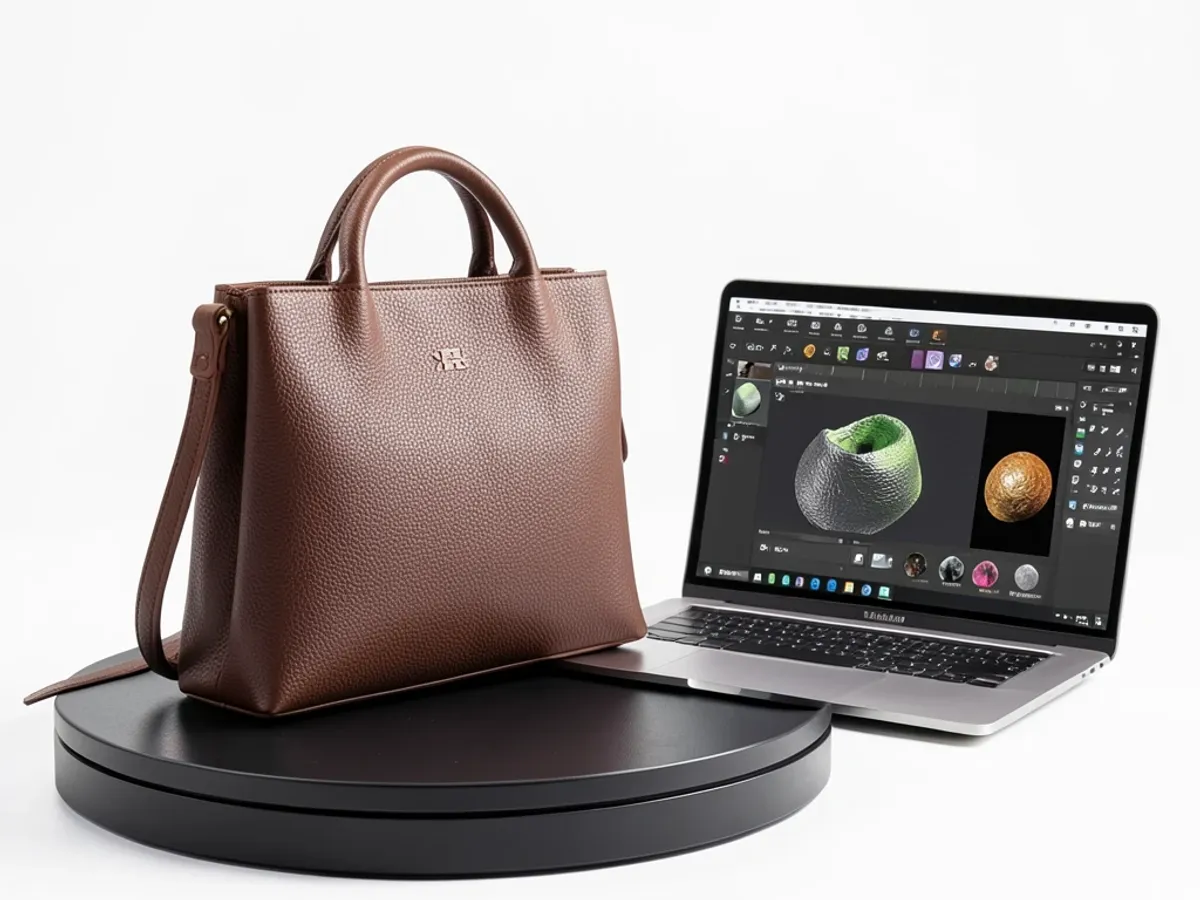 Un rendering di prodotto di una borsa in pelle che mostra una texture di mappa bump generata dall'AI con dettagli di grana fine e rilievo superficiale fisicamente accurato sotto illuminazione da studio