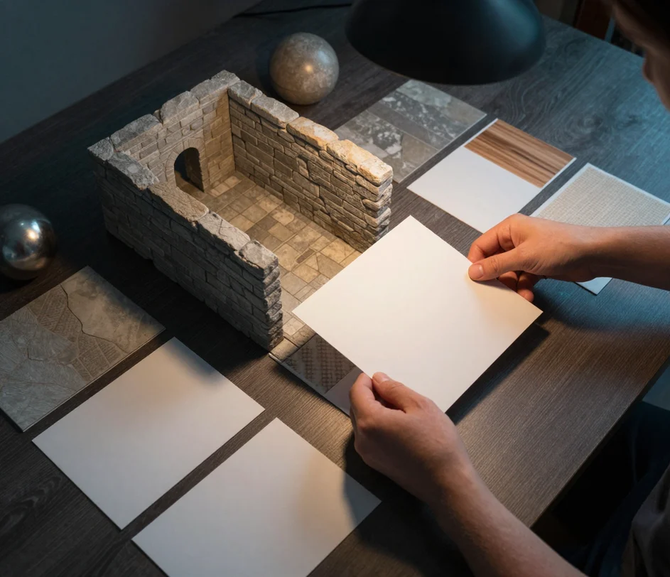 Pracoviště materiálového umělce, na jehož bezerovém monitoru jsou sady pěti PBR texturových map, zatímco umělcovy ruce přetahují bezešvý dlaždicovatelný materiál do viewportu herního enginu