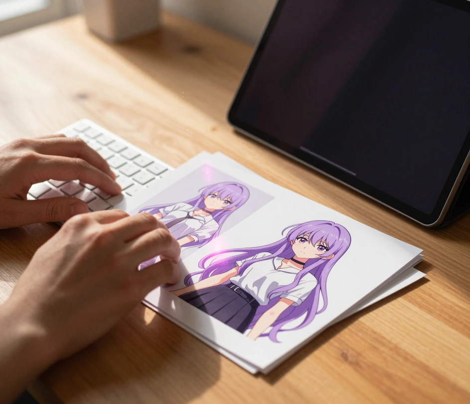 En skabers hænder skriver en karakterbeskrivelse på et tomt tastatur ved siden af udskrevne referenceark af en anime-pige med lavendelhaar, mens lyserøde partikler stiger op mod waifu-generatoren