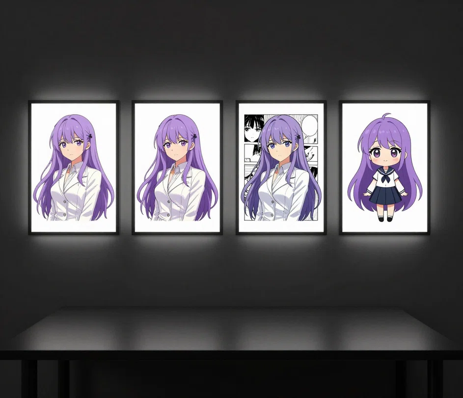 En vandret række af fire glødende rammer, der viser den samme anime-pige med lavendelhaar i Pixiv-, cel anime-, manga- og chibi-stilarter, klar til valg af kunststil