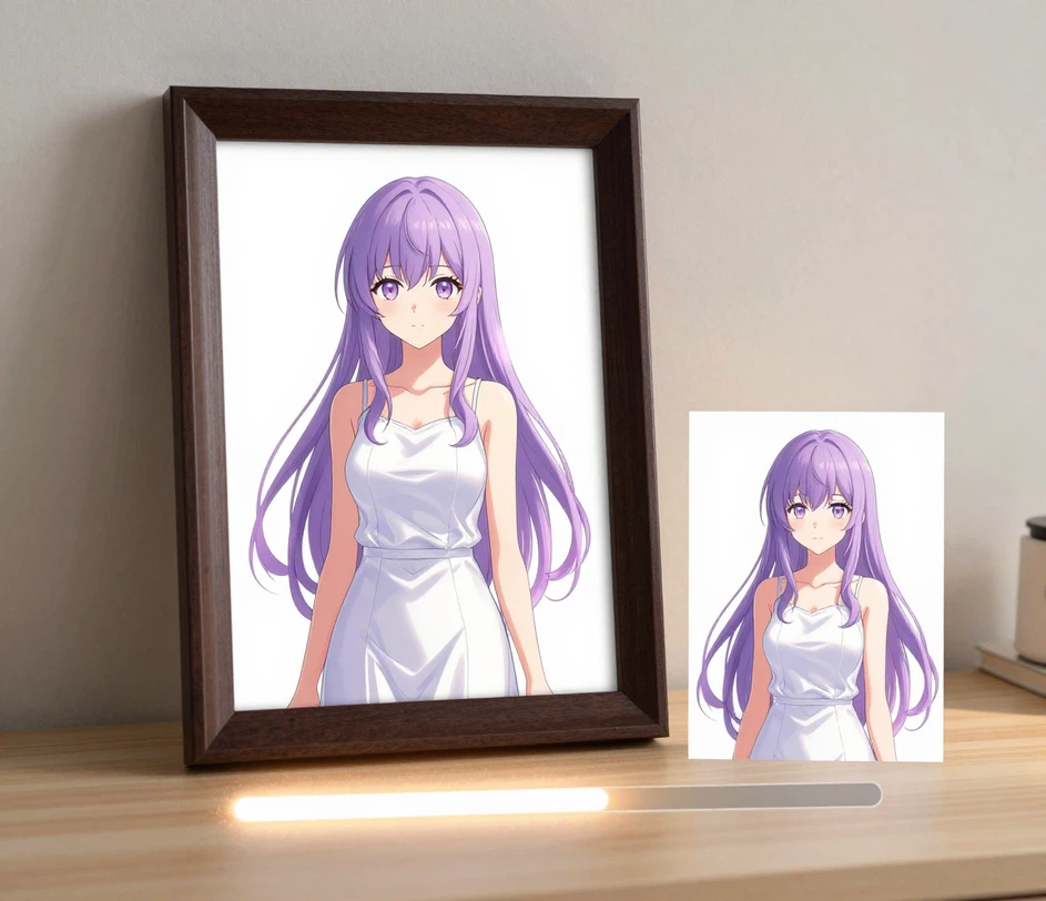 En færdig indrammet waifu-illustration i fuld figur af en pige med lavendelhaar, gengivet på cirka tolv sekunder, med en fuldført abstrakt downloadlinje og et printklart 4K-eksemplar, der svæver ved siden af