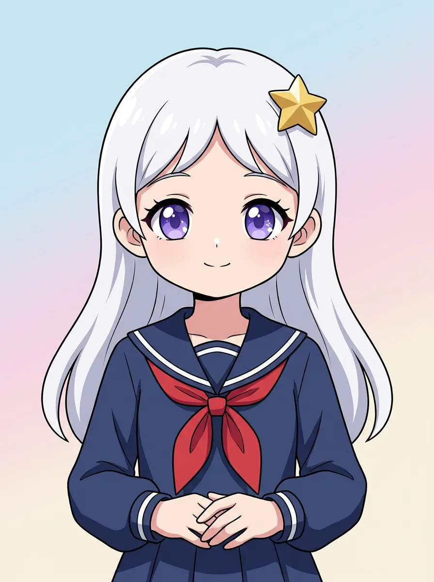 Den samme sølvhårede waifu gen-renderet med kompakte proportioner, rene vektor-lignende konturer og blød cel-shading på en lagdelt pastel gradient, der viser Master-tier poleret finish.