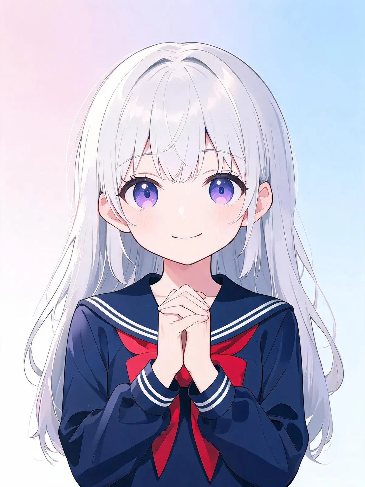 Den samme sølvhårede waifu i en marineblå sømandomuniform genereret i fuld krop med blød gradient skygge på en pastel lyserød-blå baggrund, der viser Standard-tier glat renderingsstil.