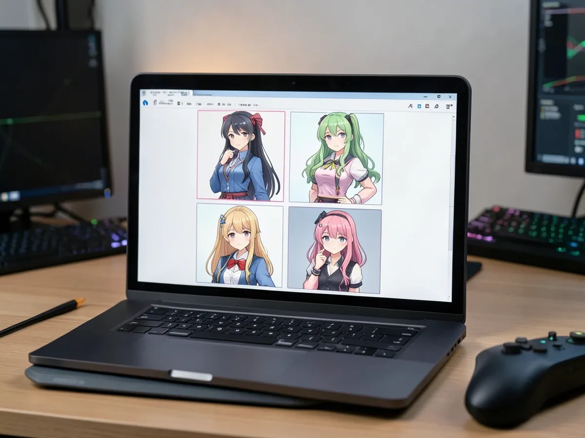 AI-генерирана waifu герой витрина, показваща множество дизайни на герои с разнообразни прически, облекла и изражения в ярък cel-shaded аниме стил при 2048-пикселова резолюция