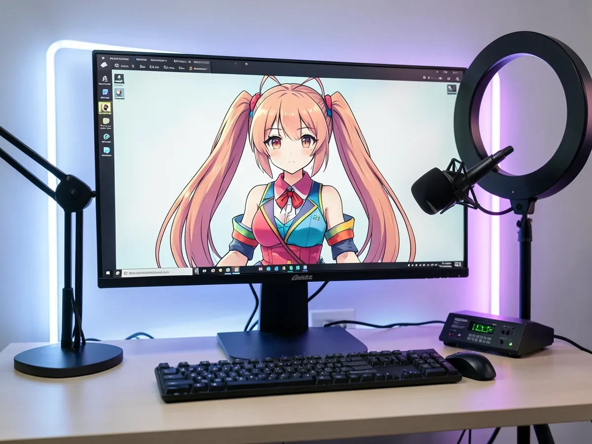 AI-генерирана waifu герой с прическа на две опашки и цветно облекло, изобразена в cel-shaded аниме стил при 2048-пикселова резолюция за брандиране на VTuber канал