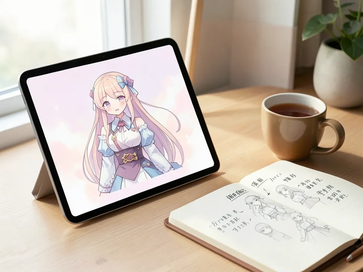 Референтна илюстрация на waifu герой, генерирана от текстово описание, показваща детайлен дизайн на костюма, разположение на аксесоарите и изразителна поза в мек пастелен аниме стил на рендериране
