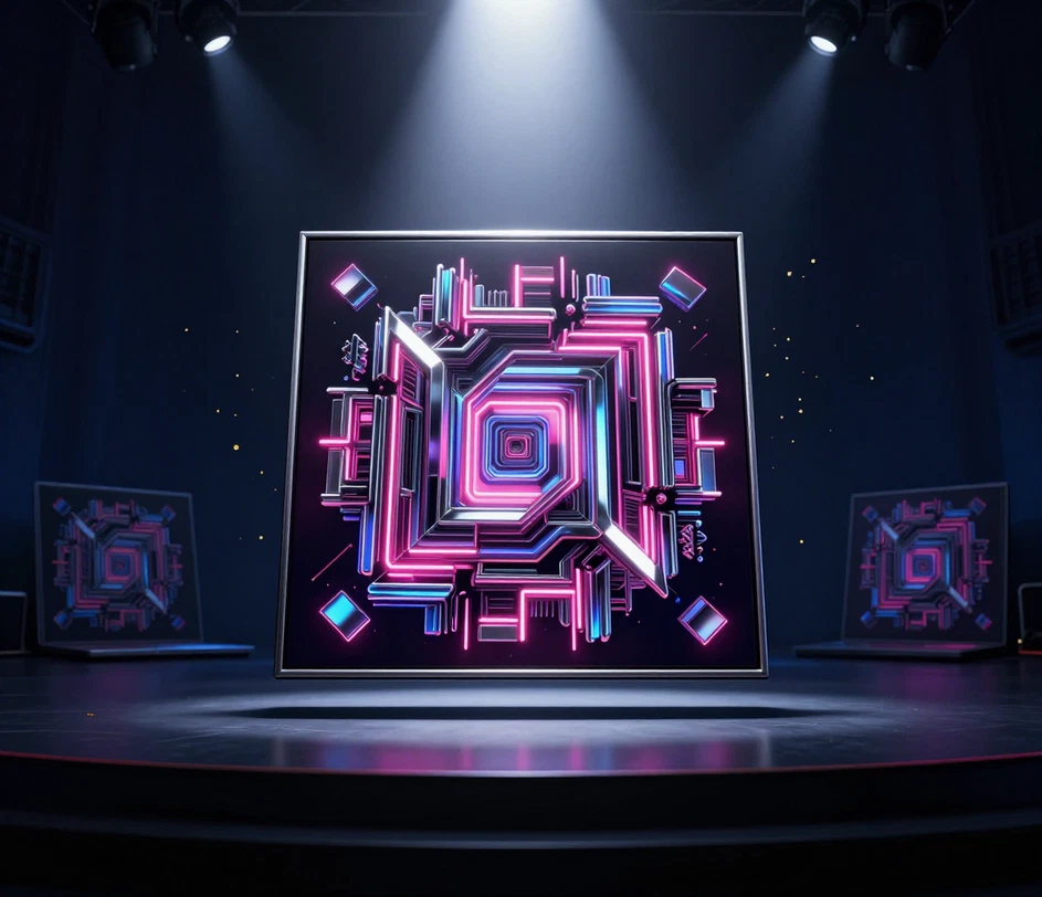 A finished flagship album cover displayed in a floating gallery frame under a single dramatic spotlight, with two alternate genre covers dimly flanking the stage