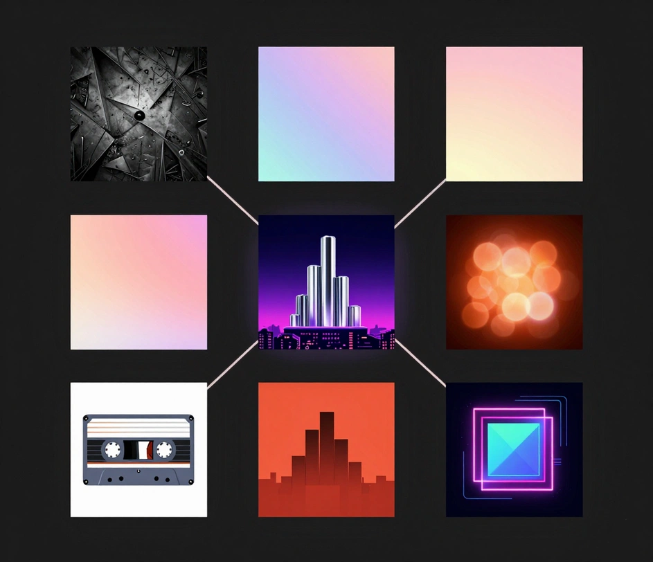 A central hip-hop album cover surrounded by six genre variant covers in an elegant arc — rap, metal, pop, lo-fi, electronic, and R&B — each with its own visual language connected by light filaments