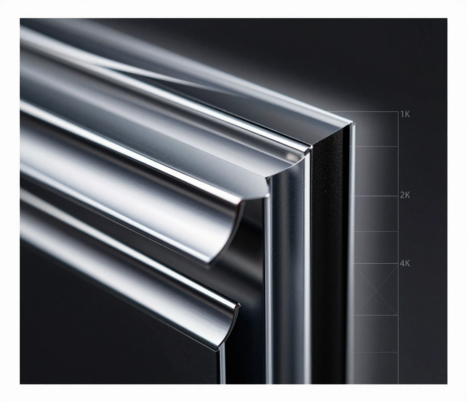An extreme macro close-up of album cover artwork rendered at print-grade sharpness, with crisp chrome edges and fine geometric texture