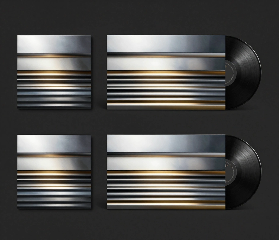 The same album cover shown in three framing formats — square vinyl sleeve, wide banner, and tall story crop — each carrying bold title and artist-name bands as clean geometric shapes