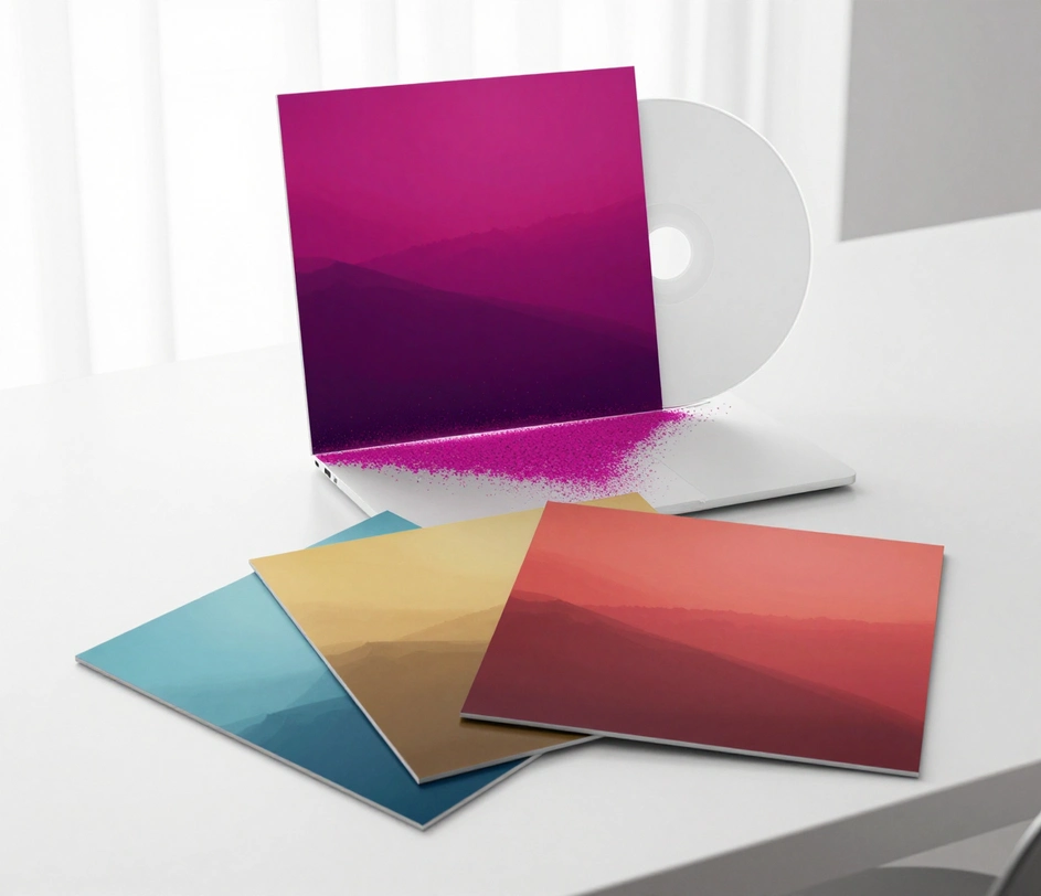 A finished electronic album cover materializing from a trail of magenta particles above a laptop screen, with three printed cover variations stacked below it
