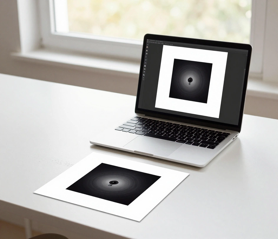 A clean browser window on a laptop showing the album cover generator interface, with a finished cover downloading beside it and no design software icons anywhere on the desk