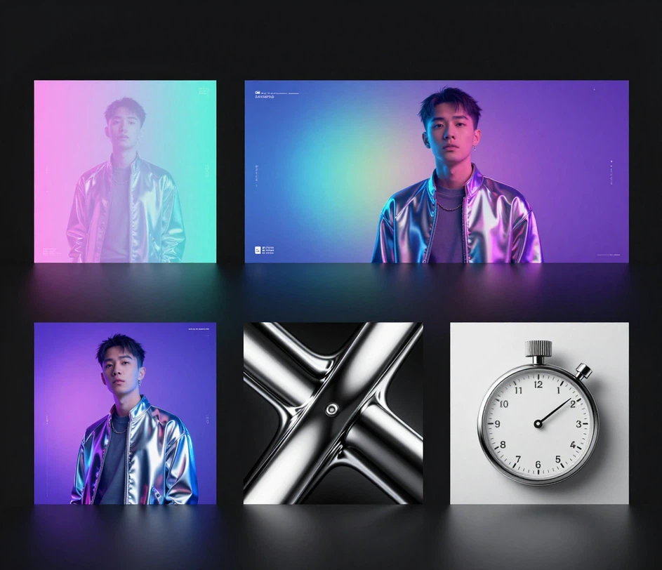 A four-module showcase of the album cover maker: one cover with genre variants, the same layout in three aspect ratios, a macro close-up of crisp reflective geometry, and a minimalist timing cue beside a finished cover
