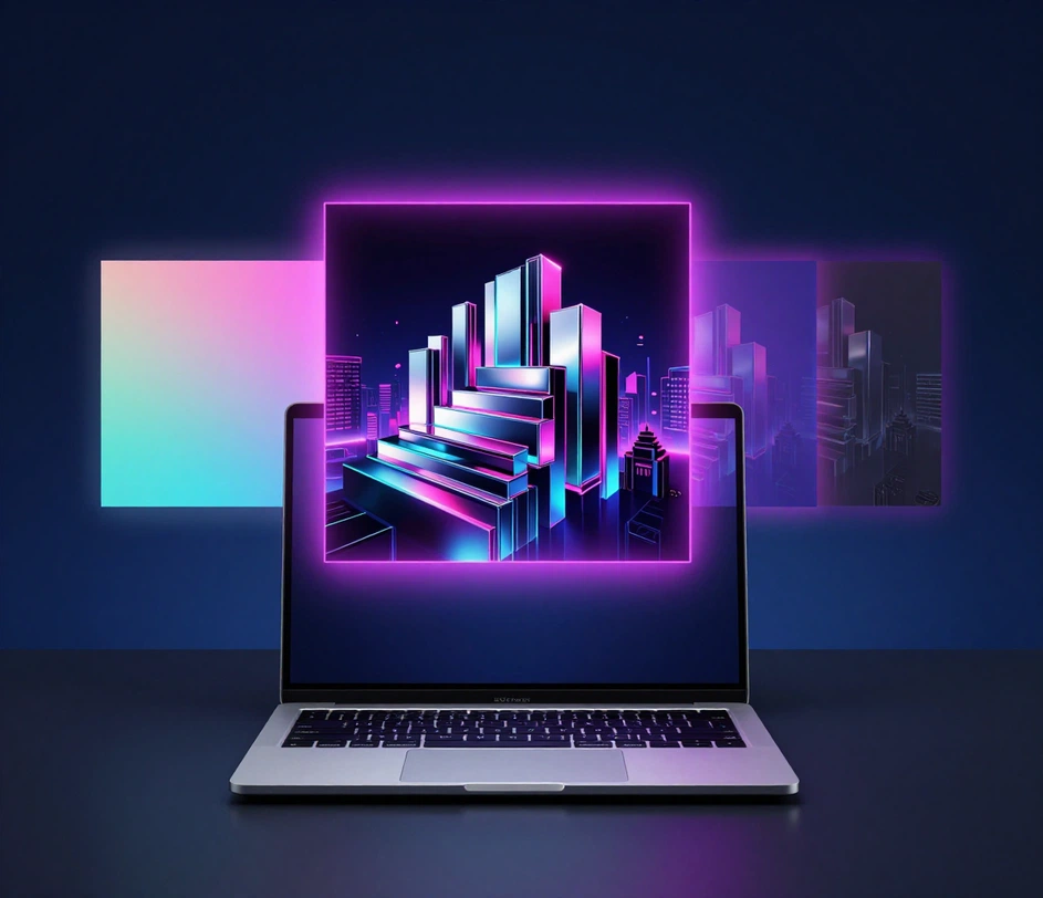 A finished hip-hop album cover with bold chrome bar shapes and a neon city skyline, surrounded by three alternate genre cover drafts still forming from magenta and cyan light particles