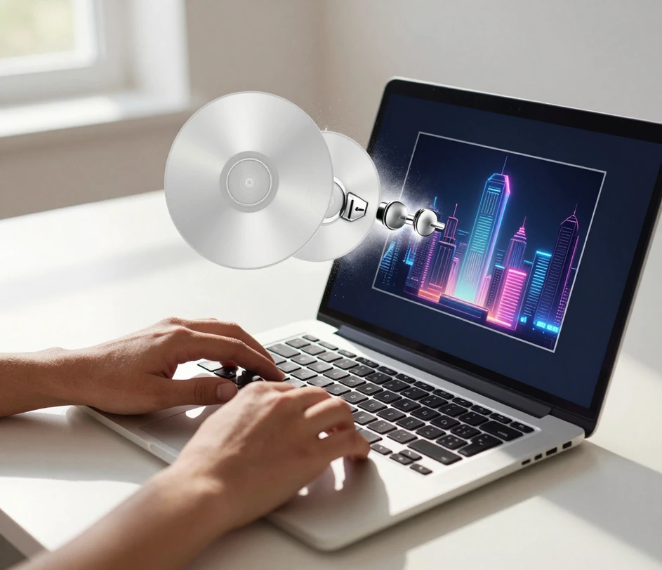 A close-up of hands typing a cover description beside a laptop screen, with smooth floating dials for genre and album title hovering above the desk