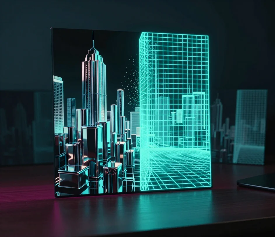 An album cover materializing from cyan light particles, one half fully rendered with crisp typography while the other half remains a glowing wireframe grid
