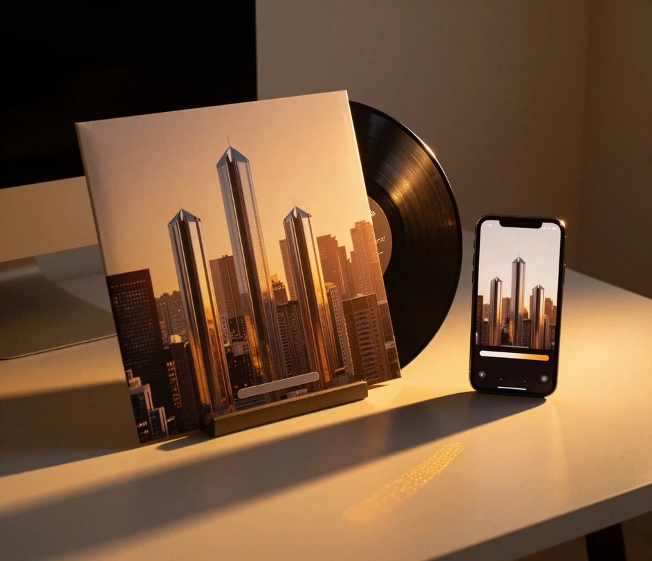 A finished album cover printed on a vinyl sleeve beside a phone showing the same artwork uploaded to a streaming platform, bathed in warm studio light