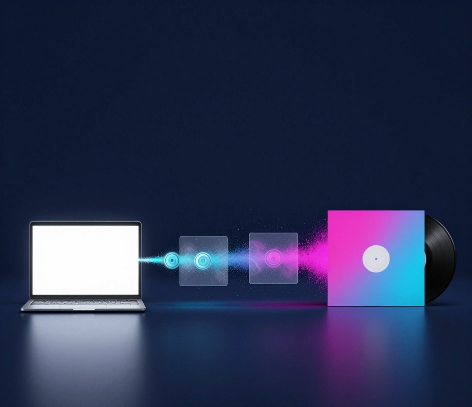 A three-step journey from a glowing text prompt through a genre-and-typography control panel to a finished album cover on a vinyl sleeve, unified by a stream of magenta light particles