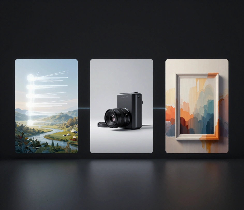 A product gallery of related AI creative tools: a text-to-image scene card, a product photo on a clean studio backdrop, and a stylized photo transformation, linked by fine light lines