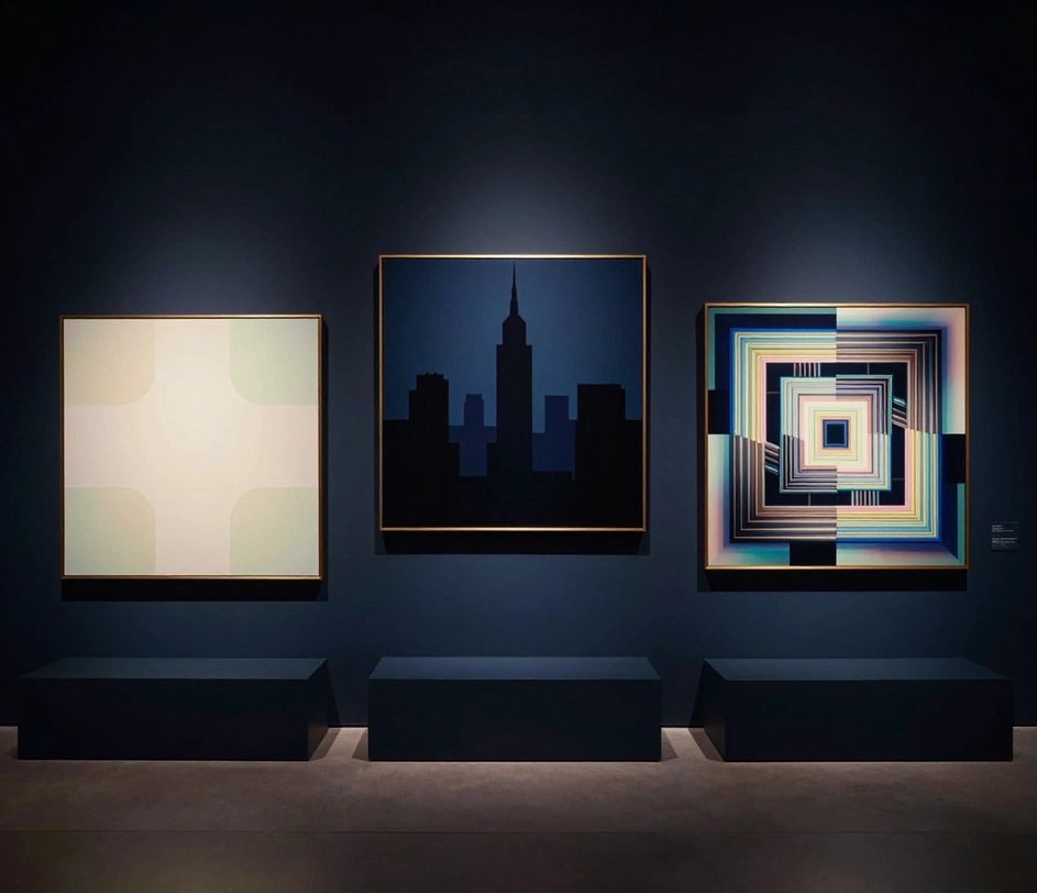 The same album concept presented as three ascending art panels, from a clean pastel draft to a sharper city-night design to a dense 4K flagship composition, connected by an ascending light path