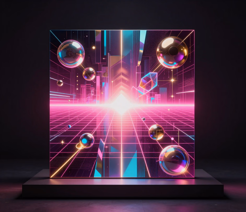 A flagship electronic album cover with dense neon geometry and flawless small-type detail, the Master tier's 4K print-grade output