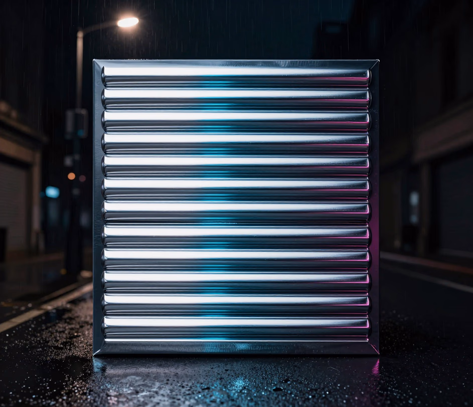 A rap album cover with razor-sharp chrome title bars over a rain-soaked street at night, showing the Pro tier's precisely rendered title and artist-name bands