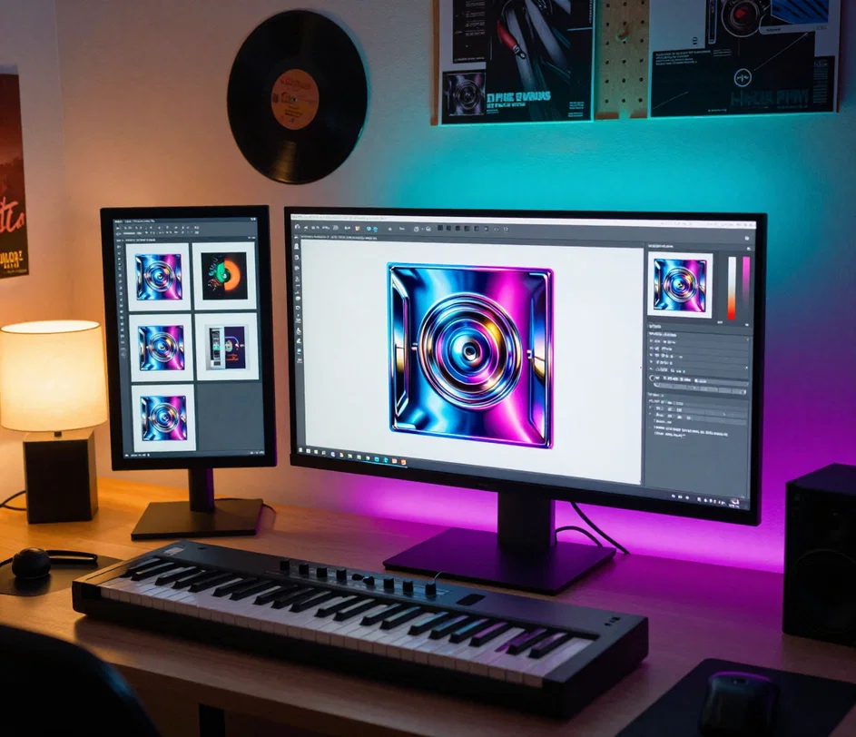 A bedroom producer's workspace where a monitor displays a finished AI-generated album cover beside a DAW session, with vinyl sleeves and a release calendar pinned to the wall